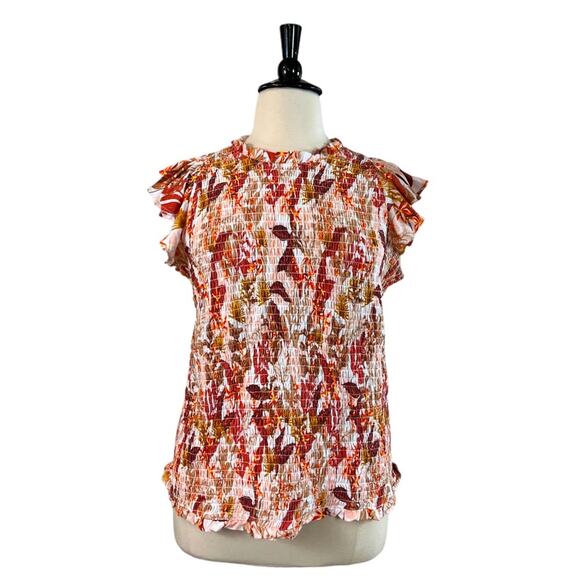 INC Top Smocked Blouse Ruffle Cap Sleeves High Neck Leaf Print Women’s 2X Plus - Picture 1 of 11